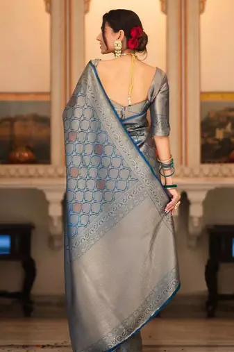 Black silk blend jacuard work festival saree with unstitched blouse piece