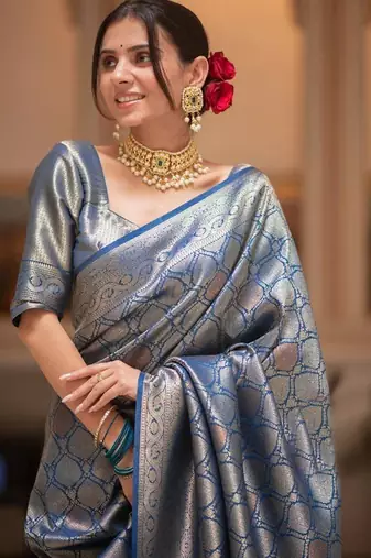 Black silk blend jacuard work festival saree with unstitched blouse piece