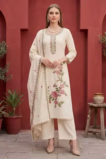 Beige floral printed straight kurta set for women