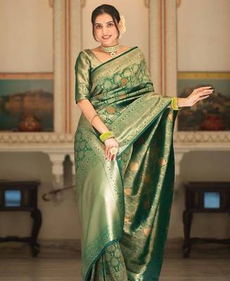 Green silk blend jacuard work festival saree with unstitched blouse piece 1