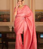 Pink silk blend jacuard work festival saree with unstitched blouse piece