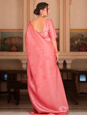 Pink silk blend jacuard work festival saree with unstitched blouse piece 3