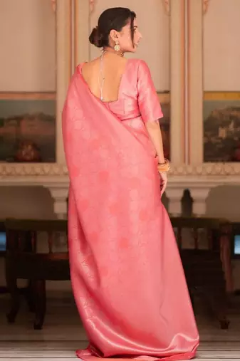 Pink silk blend jacuard work festival saree with unstitched blouse piece