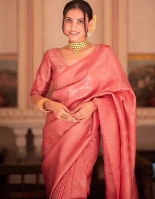 Pink silk blend jacuard work festival saree with unstitched blouse piece 4