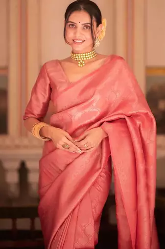 Pink silk blend jacuard work festival saree with unstitched blouse piece