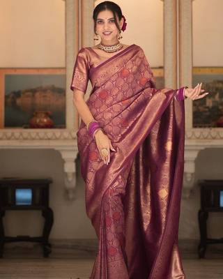 Wine silk blend jacuard work festival saree with unstitched blouse piece 1