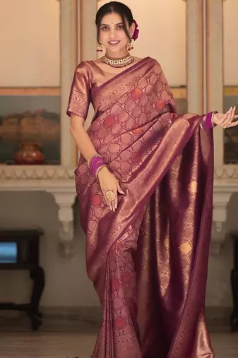 Wine silk blend jacuard work festival saree with unstitched blouse piece