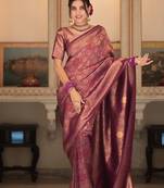 Wine silk blend jacuard work festival saree with unstitched blouse piece