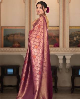 Wine silk blend jacuard work festival saree with unstitched blouse piece 2