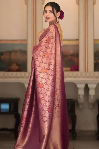 Wine silk blend jacuard work festival saree with unstitched blouse piece