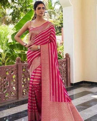 Pink silk blend jacuard work festival saree with unstitched blouse piece 1
