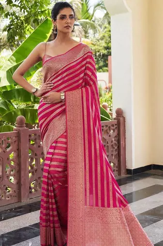 Pink silk blend jacuard work festival saree with unstitched blouse piece