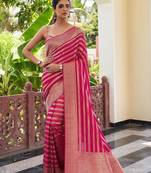 Pink silk blend jacuard work festival saree with unstitched blouse piece