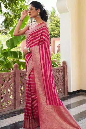 Pink silk blend jacuard work festival saree with unstitched blouse piece