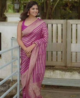 Purple silk blend jacuard work festival saree with unstitched blouse piece 1