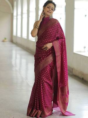 Wine silk blend jacuard work festival saree with unstitched blouse piece 1