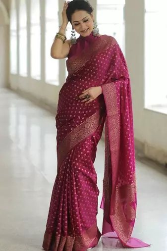 Wine silk blend jacuard work festival saree with unstitched blouse piece