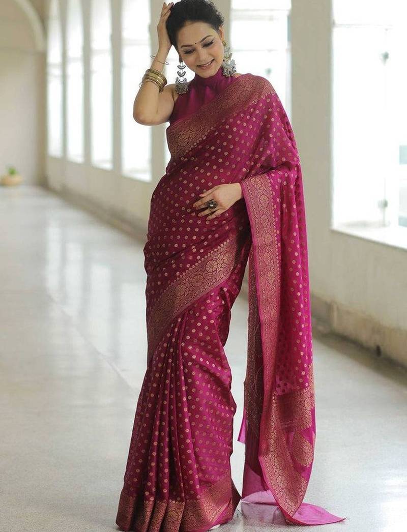 Wine silk blend jacuard work festival saree with unstitched blouse piece