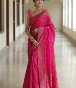 Pink silk blend jacuard work festival saree with unstitched blouse piece