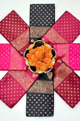 Pink silk blend jacuard work festival saree with unstitched blouse piece