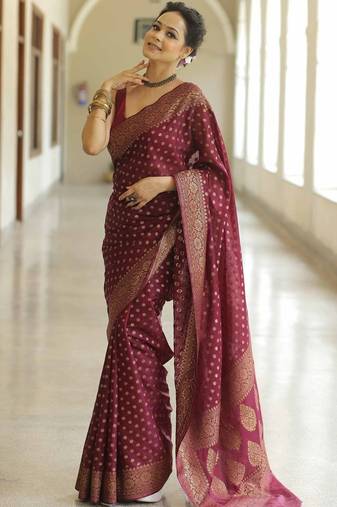 Maroon silk blend jacuard work festival saree with unstitched blouse piece