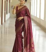 Maroon silk blend jacuard work festival saree with unstitched blouse piece