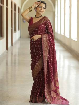 Maroon silk blend jacuard work festival saree with unstitched blouse piece 2