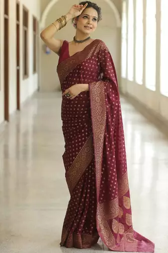 Maroon silk blend jacuard work festival saree with unstitched blouse piece