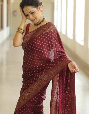 Maroon silk blend jacuard work festival saree with unstitched blouse piece 3