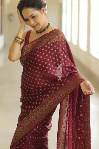 Maroon silk blend jacuard work festival saree with unstitched blouse piece