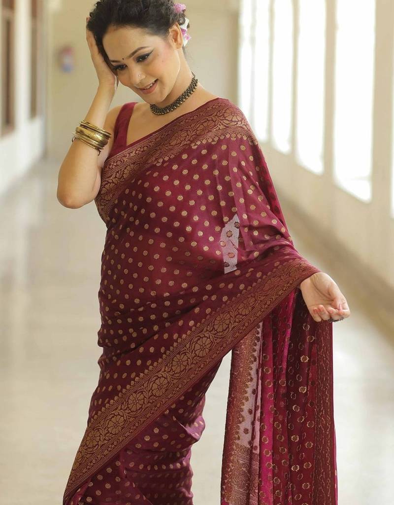 Maroon silk blend jacuard work festival saree with unstitched blouse piece