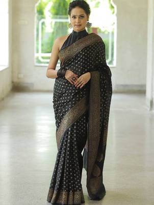 Black silk blend jacuard work festival saree with unstitched blouse piece 1