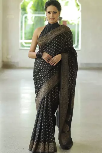 Black silk blend jacuard work festival saree with unstitched blouse piece