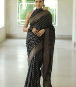 Black silk blend jacuard work festival saree with unstitched blouse piece