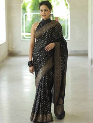 Black silk blend jacuard work festival saree with unstitched blouse piece 2