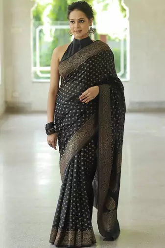 Black silk blend jacuard work festival saree with unstitched blouse piece