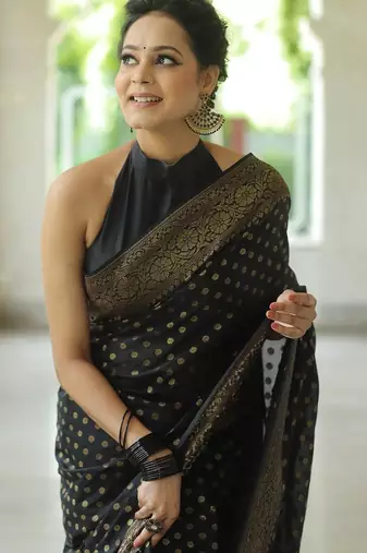 Black silk blend jacuard work festival saree with unstitched blouse piece