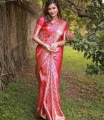 Pink silk blend jacuard work festival saree with unstitched blouse piece