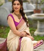 Off white pink silk blend jacuard work festival saree with unstitched blouse piece