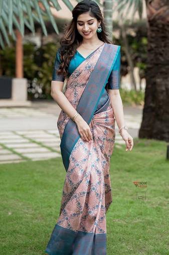 Peach sky silk blend jacuard work festival saree with unstitched blouse piece