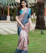 Peach sky silk blend jacuard work festival saree with unstitched blouse piece