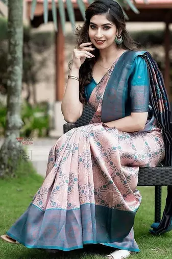Peach sky silk blend jacuard work festival saree with unstitched blouse piece