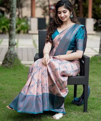 Peach sky silk blend jacuard work festival saree with unstitched blouse piece 4