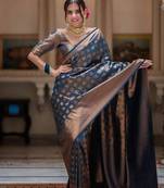 Blue silk blend jacuard work festival saree with unstitched blouse piece