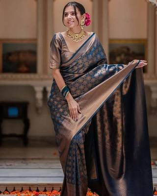 Blue silk blend jacuard work festival saree with unstitched blouse piece 2