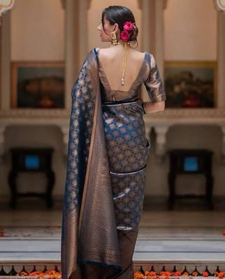 Blue silk blend jacuard work festival saree with unstitched blouse piece 3