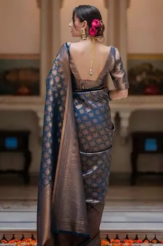 Blue silk blend jacuard work festival saree with unstitched blouse piece