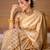 Cream silk blend jacuard work festival saree with unstitched blouse piece