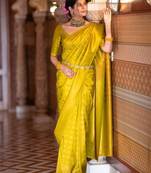 Light yellow silk blend jacuard work festival saree with unstitched blouse piece