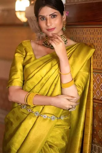 Light yellow silk blend jacuard work festival saree with unstitched blouse piece